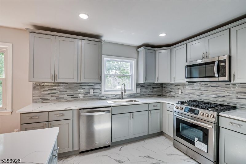 Interior, Kitchen, Marble, Recessed Lighting, Stainless Steel Appliances