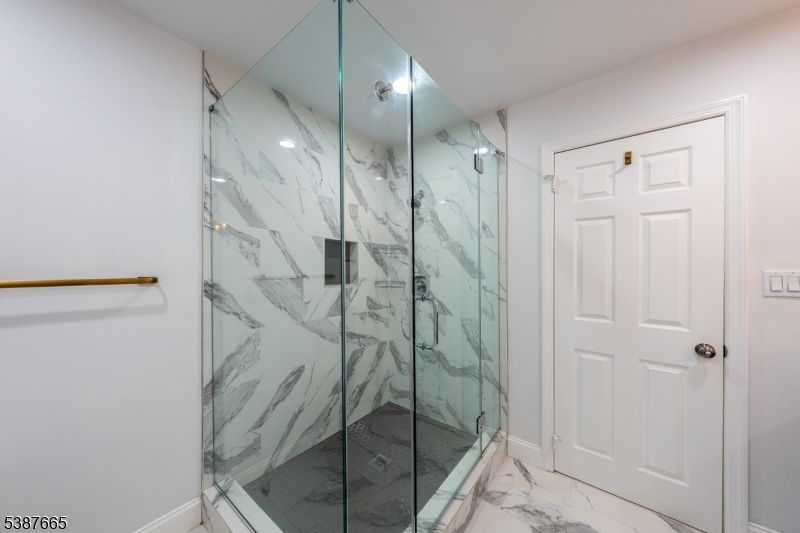 Bathroom, Glass Shower, Interior, Marble, Marble Walls, Recessed Lighting