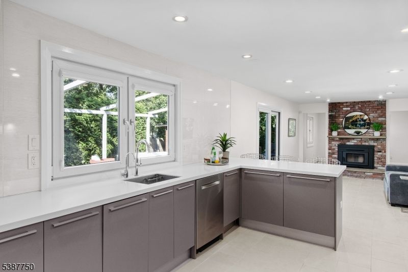 Fireplace, Interior, Kitchen, Recessed Lighting, Stone Walls