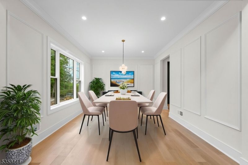 Dining room, Interior, Pendant Lights, Recessed Lighting, Wood Texture Flooring