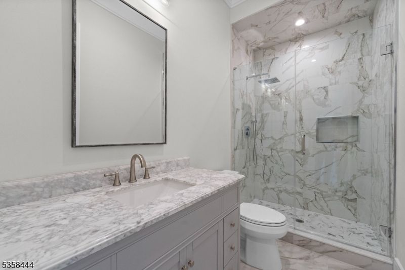 Bathroom, Glass Shower, Interior, Marble, Marble Walls, Recessed Lighting