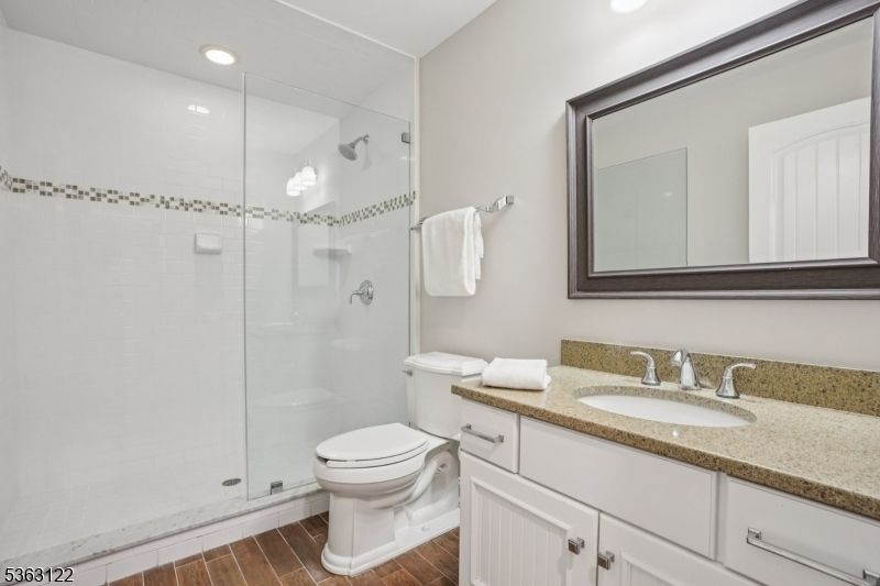 Bathroom, Glass Shower, Interior, Recessed Lighting, Wood Texture Flooring