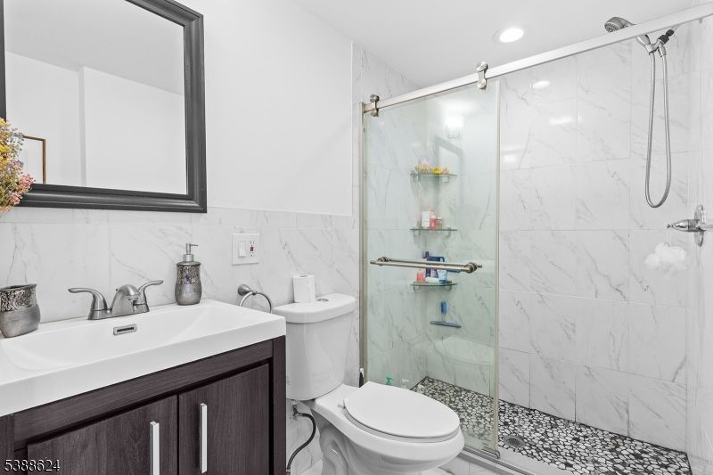 Bathroom, Glass Shower, Interior, Marble Walls, Recessed Lighting