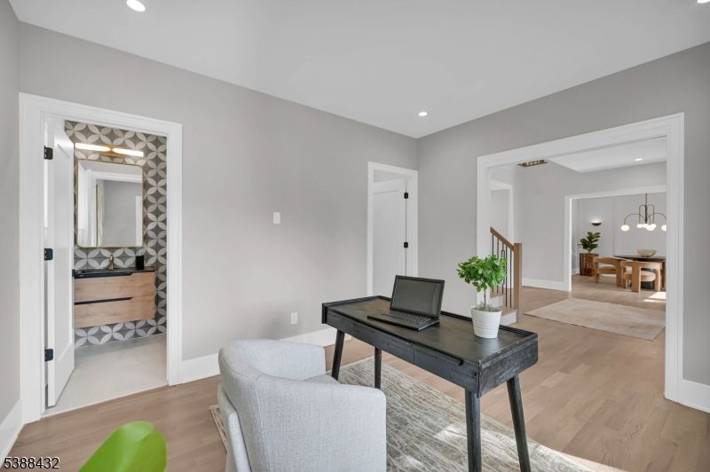 Dining room, Interior, Pendant Lights, Recessed Lighting, Wood Texture Flooring