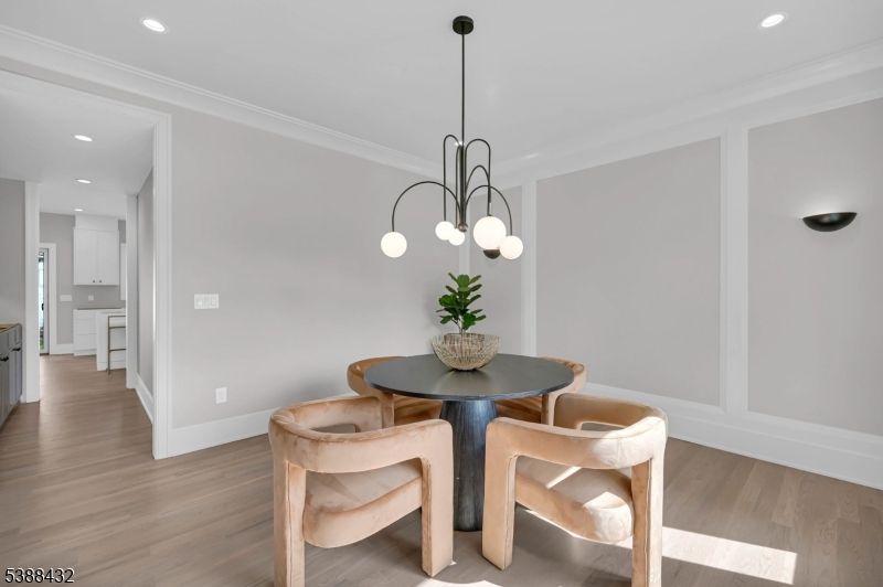 Dining room, Interior, Pendant Lights, Recessed Lighting, Wood Texture Flooring