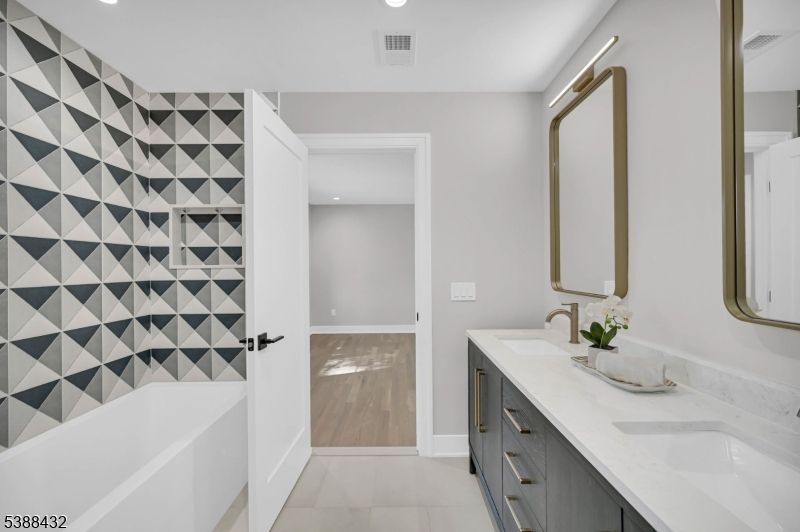 Bathroom, Dual Sink Vanities, Interior, Recessed Lighting, Wood Texture Flooring