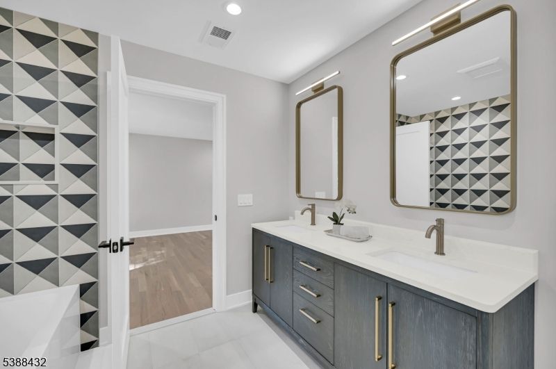 Bathroom, Dual Sink Vanities, Interior, Recessed Lighting, Wood Texture Flooring