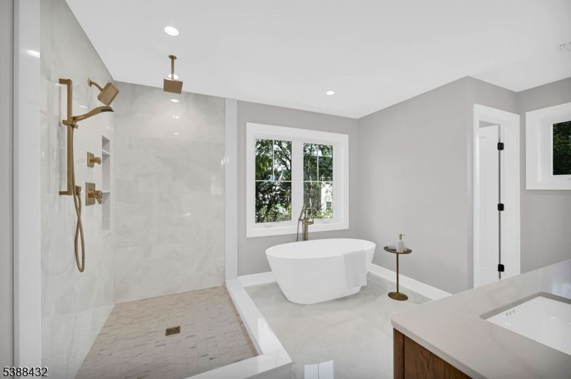 Bathroom, Free Standing Baths, Interior, Marble Walls, Recessed Lighting