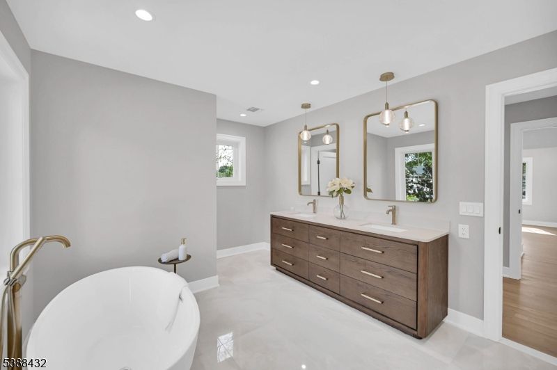 Bathroom, Dual Sink Vanities, Free Standing Baths, Interior, Pendant Lights, Recessed Lighting