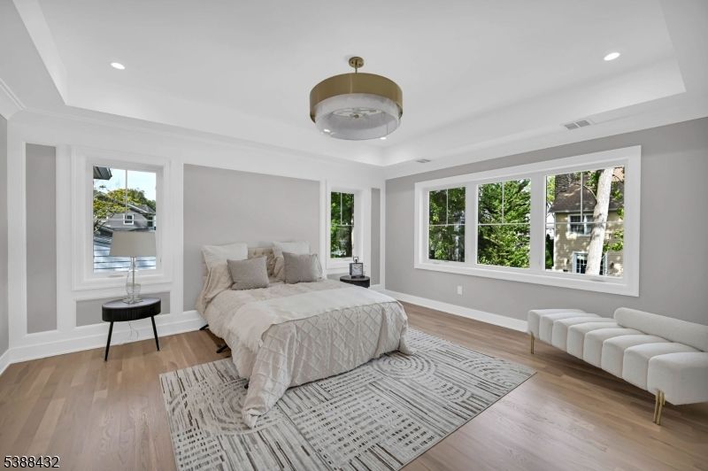 Bedroom, Interior, Pendant Lights, Recessed Lighting, Wood Texture Flooring
