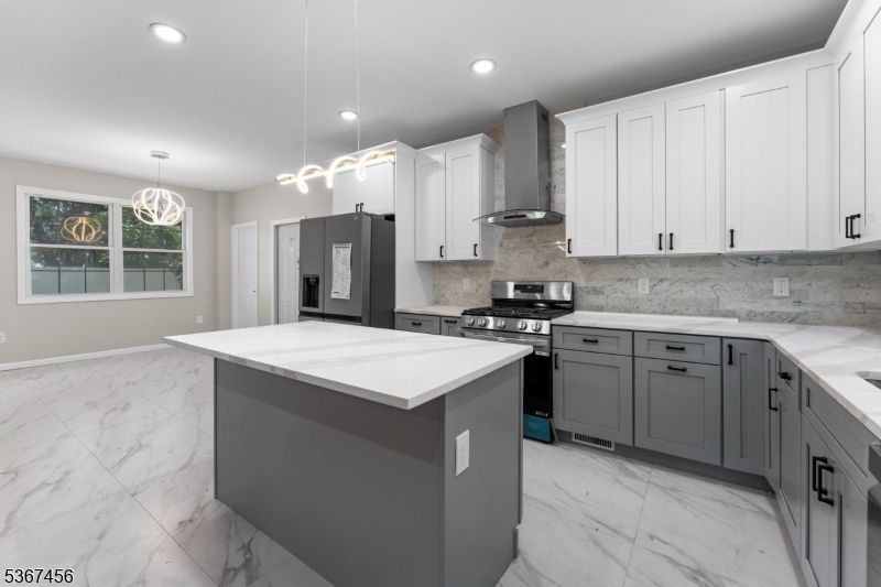 Interior, Kitchen, Marble, Pendant Lights, Recessed Lighting, Stainless Steel Appliances