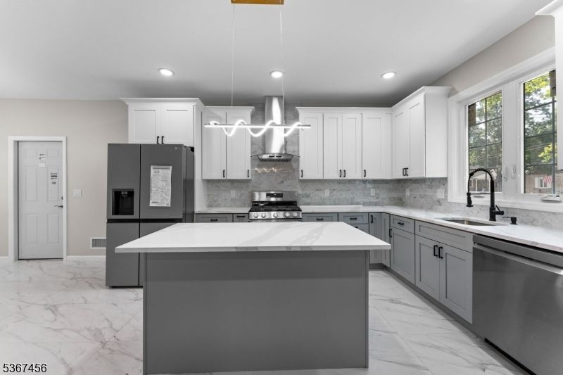 Interior, Kitchen, Marble, Pendant Lights, Recessed Lighting, Stainless Steel Appliances