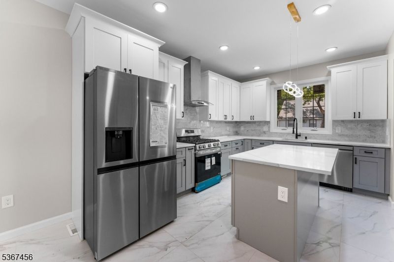 Interior, Kitchen, Marble, Pendant Lights, Recessed Lighting, Stainless Steel Appliances