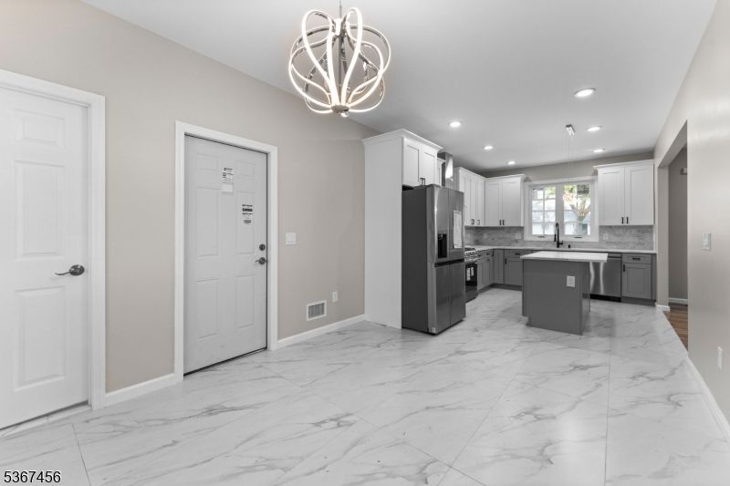 Interior, Kitchen, Marble, Pendant Lights, Recessed Lighting, Stainless Steel Appliances