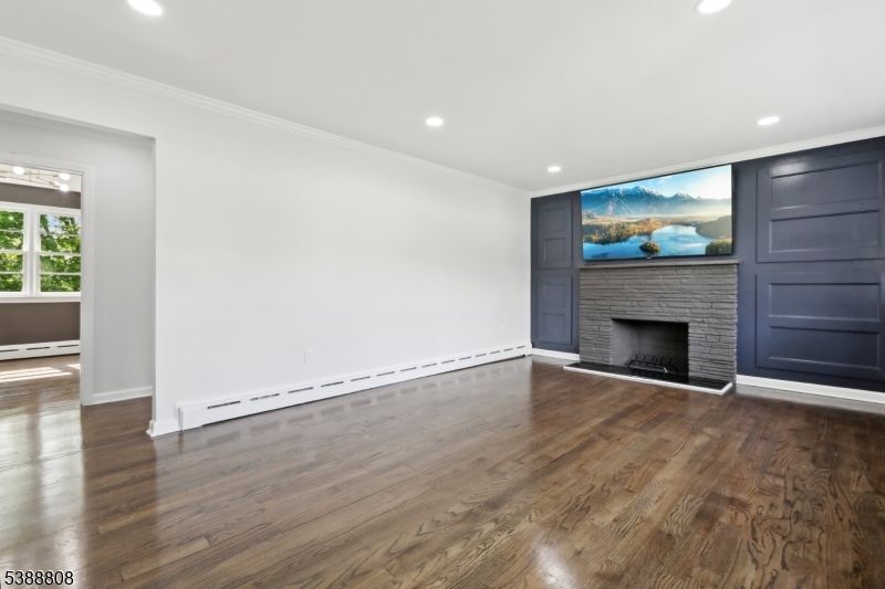 Empty room, Fireplace, Interior, Recessed Lighting, Wood Texture Flooring