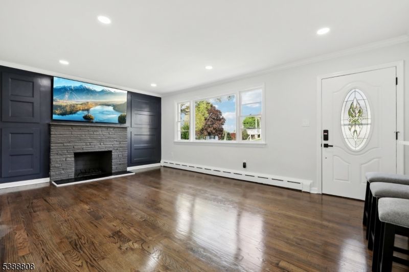 Empty room, Fireplace, Interior, Recessed Lighting, Wood Texture Flooring