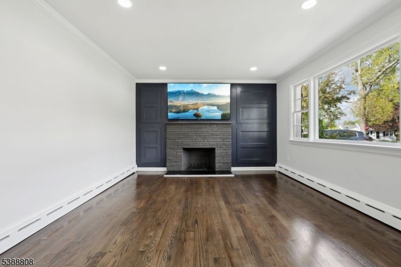 Empty room, Fireplace, Interior, Recessed Lighting, Wood Texture Flooring