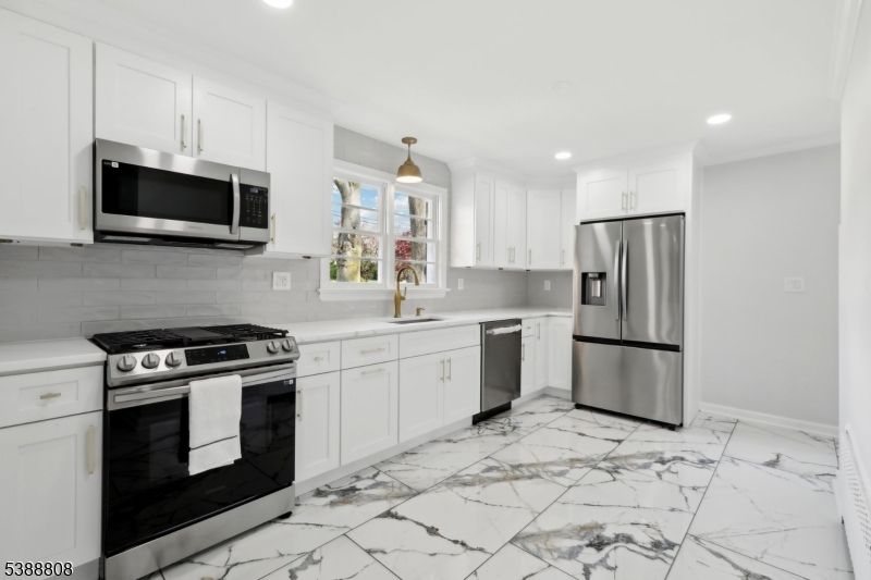 Interior, Kitchen, Marble, Pendant Lights, Recessed Lighting, Stainless Steel Appliances