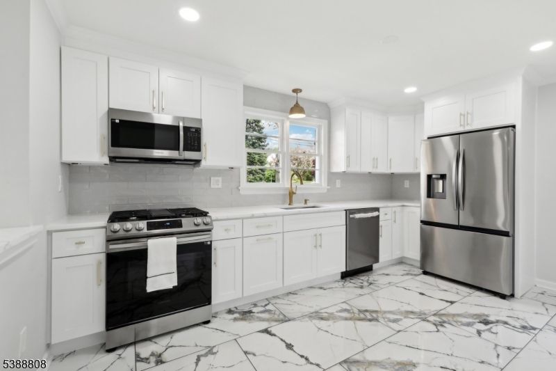 Interior, Kitchen, Marble, Pendant Lights, Recessed Lighting, Stainless Steel Appliances