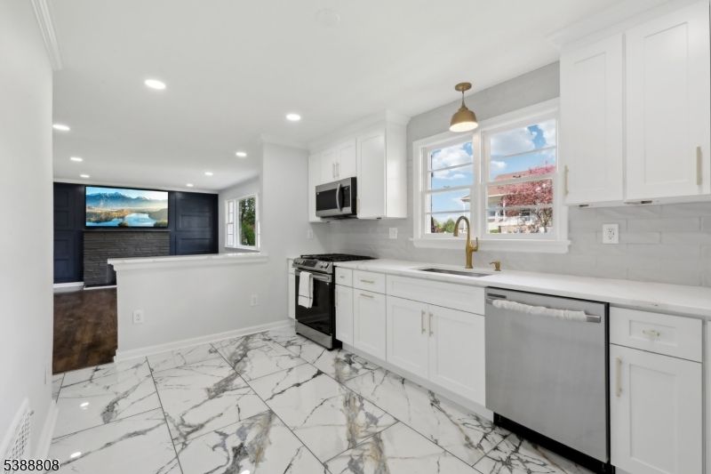 Interior, Kitchen, Marble, Pendant Lights, Recessed Lighting, Stainless Steel Appliances