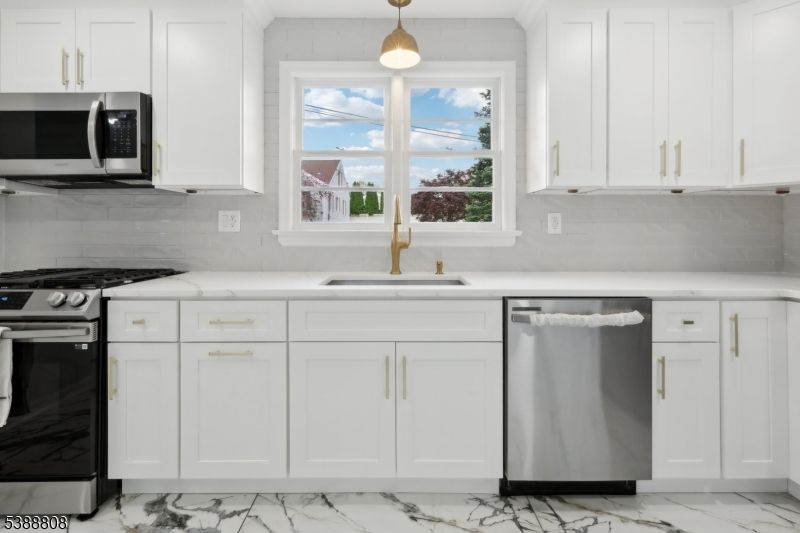 Interior, Kitchen, Marble, Pendant Lights, Stainless Steel Appliances