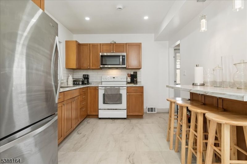 Interior, Kitchen, Marble, Pendant Lights, Recessed Lighting, Stainless Steel Appliances