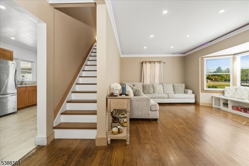 Interior, Kitchen, Living room, Recessed Lighting, Stainless Steel Appliances, Wood Texture Flooring