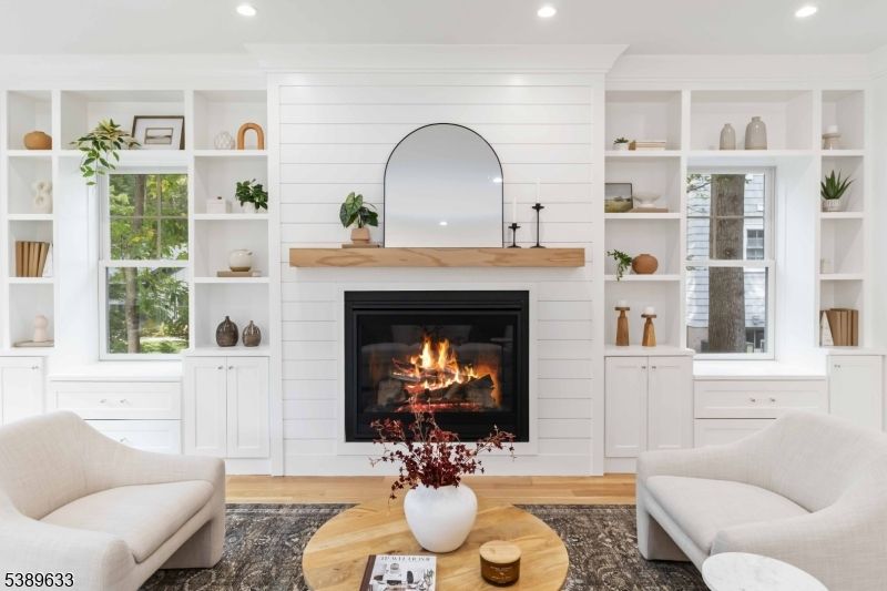 Fireplace, Interior, Recessed Lighting, Wood Texture Flooring