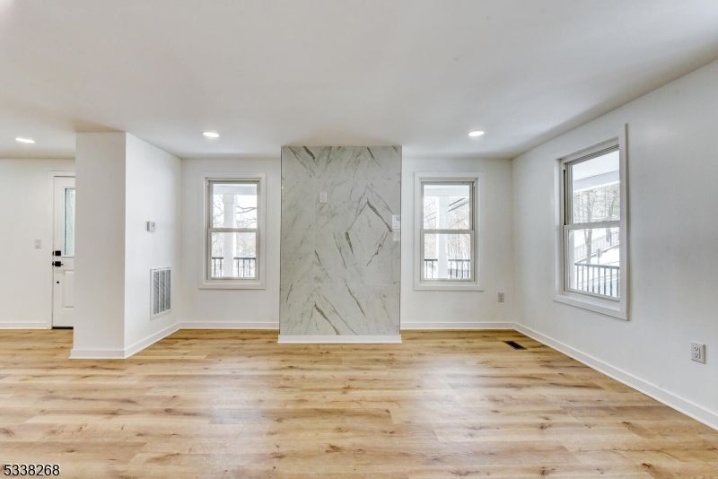 Empty room, Interior, Marble Walls, Recessed Lighting, Wood Texture Flooring