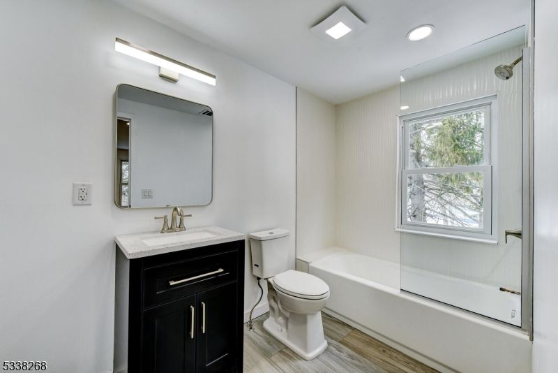 Bathroom, Glass Shower, Interior, Recessed Lighting, Wood Texture Flooring