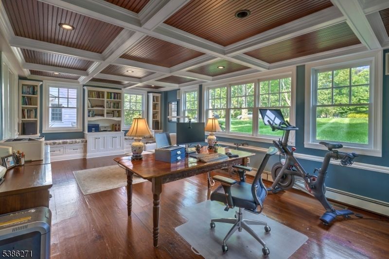 Fitness Equipment, Home Office, Interior, Recessed Lighting, Wooden Ceilings, Wood Texture Flooring