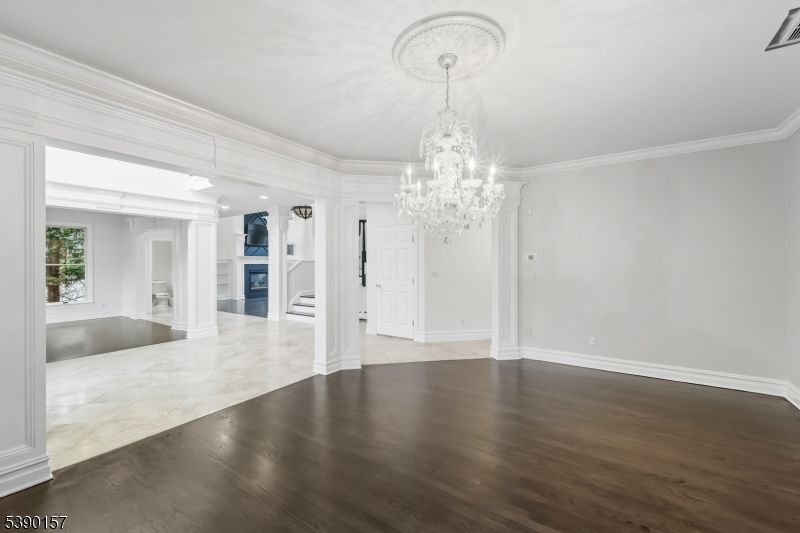 Chandelier, Empty room, Interior, Recessed Lighting, Wood Texture Flooring