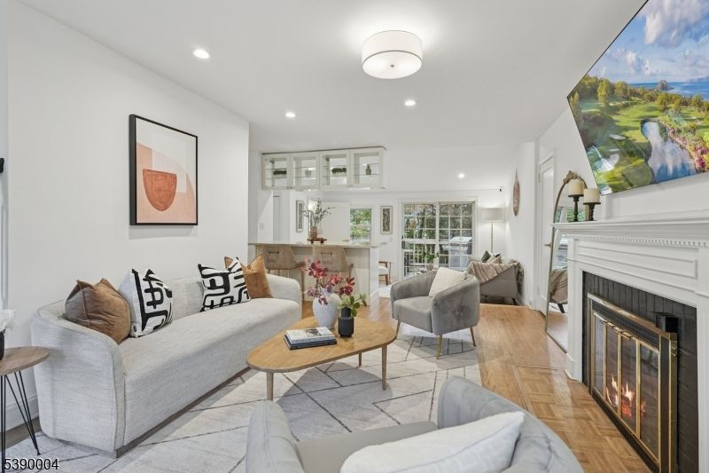 Fireplace, Interior, Living room, Recessed Lighting, Wood Texture Flooring