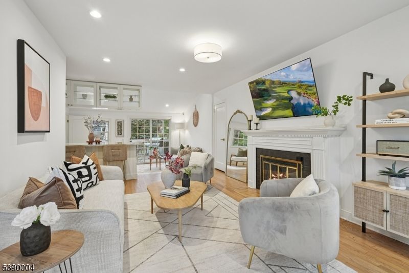 Fireplace, Interior, Living room, Recessed Lighting, Wood Texture Flooring