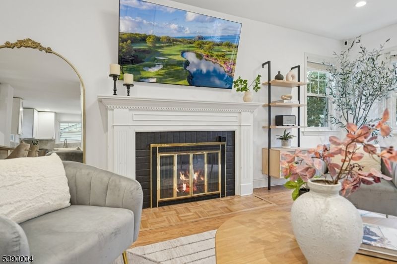Fireplace, Interior, Recessed Lighting, Wood Texture Flooring