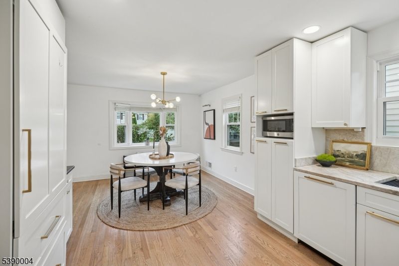 Dining room, Interior, Pendant Lights, Recessed Lighting, Wood Texture Flooring