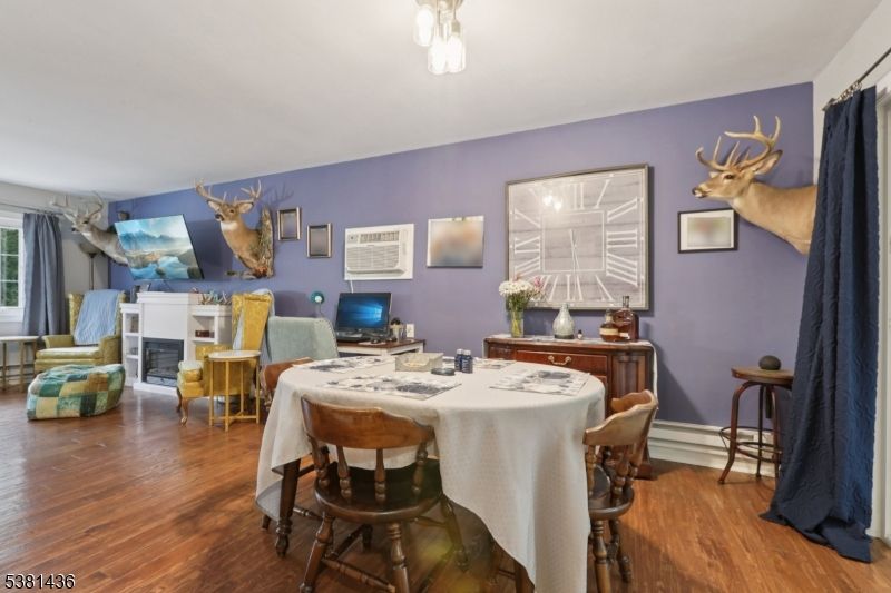 Dining room, Fireplace, Interior, Wood Texture Flooring