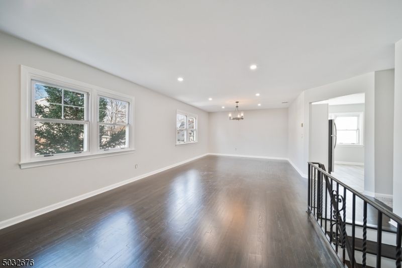 Chandelier, Empty room, Interior, Recessed Lighting, Wood Texture Flooring