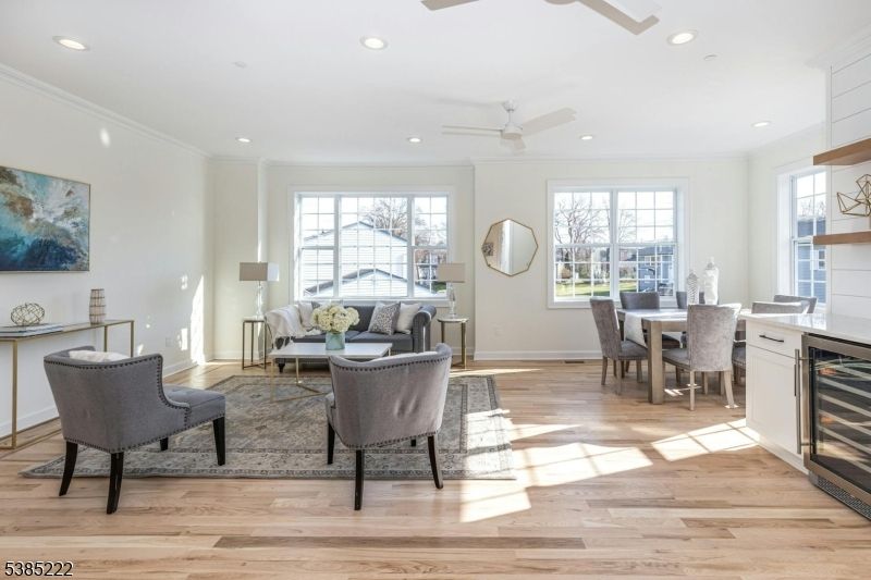 Dining room, Interior, Living room, Recessed Lighting, Wood Texture Flooring