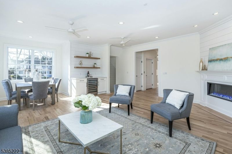 Dining room, Fireplace, Interior, Recessed Lighting, Wood Texture Flooring