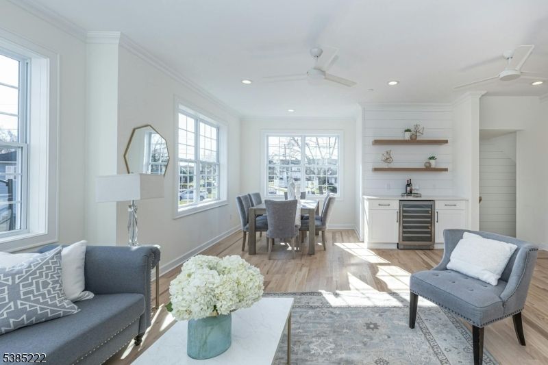 Dining room, Interior, Living room, Recessed Lighting, Wood Texture Flooring