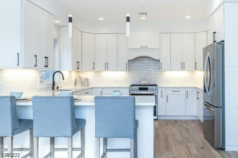 Interior, Kitchen, Pendant Lights, Recessed Lighting, Stainless Steel Appliances, Wood Texture Flooring