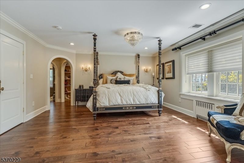 Bedroom, Chandelier, Interior, Recessed Lighting, Wood Texture Flooring