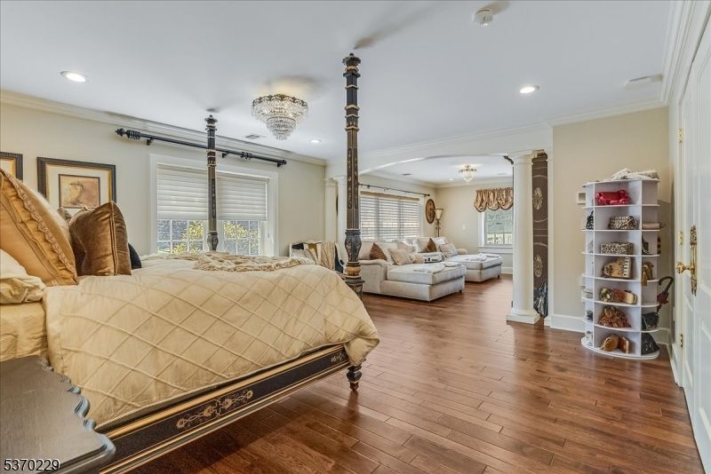 Bedroom, Chandelier, Interior, Recessed Lighting, Wood Texture Flooring