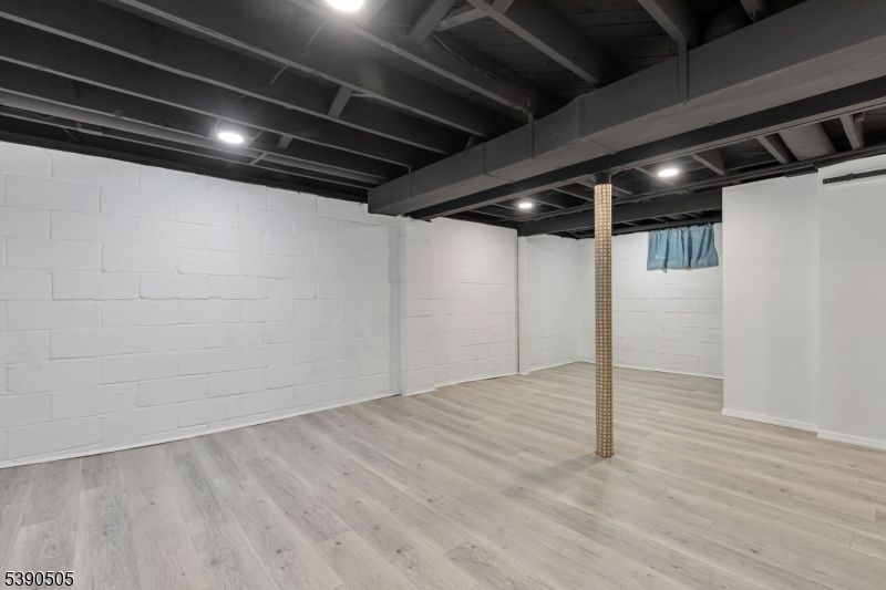 Empty room, Interior, Recessed Lighting, Stone Walls, Wood Texture Flooring