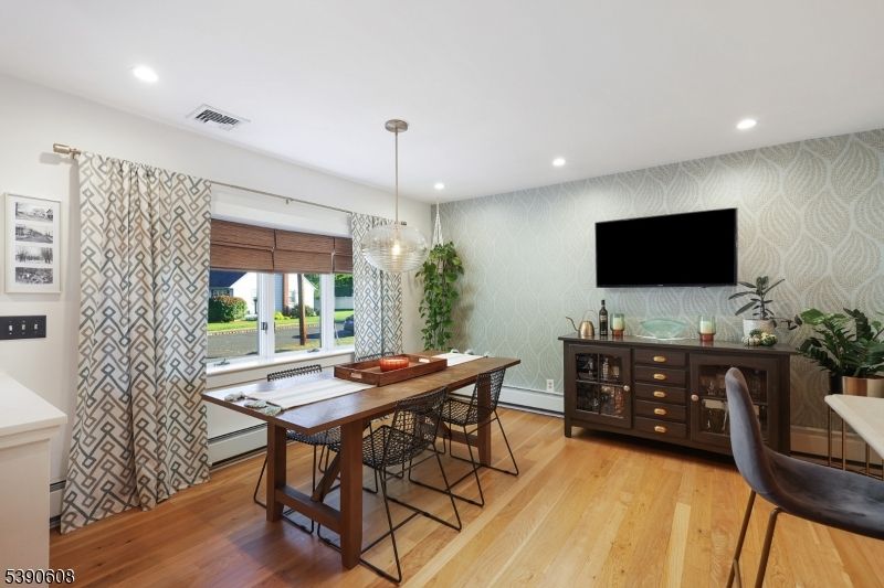 Dining room, Interior, Pendant Lights, Recessed Lighting, Wood Texture Flooring