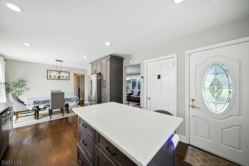 Dining room, Interior, Kitchen, Pendant Lights, Recessed Lighting, Wood Texture Flooring