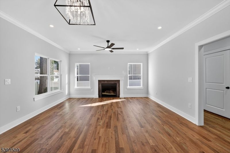 Empty room, Fireplace, Interior, Recessed Lighting, Wood Texture Flooring