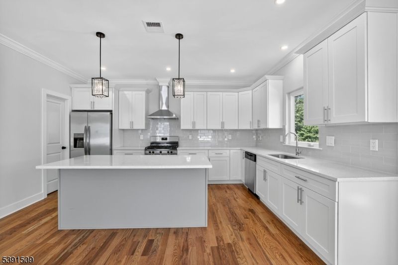 Interior, Kitchen, Pendant Lights, Recessed Lighting, Stainless Steel Appliances, Wood Texture Flooring