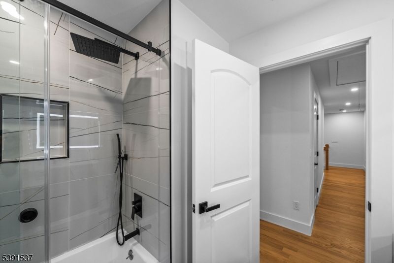 Bathroom, Glass Shower, Interior, Recessed Lighting, Wood Texture Flooring